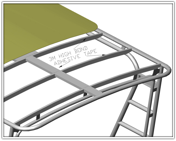 Technical illustration of an ATL6 welded hardtop frame and fiberglass panel assembly