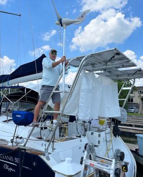 Beneteau 523 sailboat installation with Atlantic Towers® support structure and wind generator mount