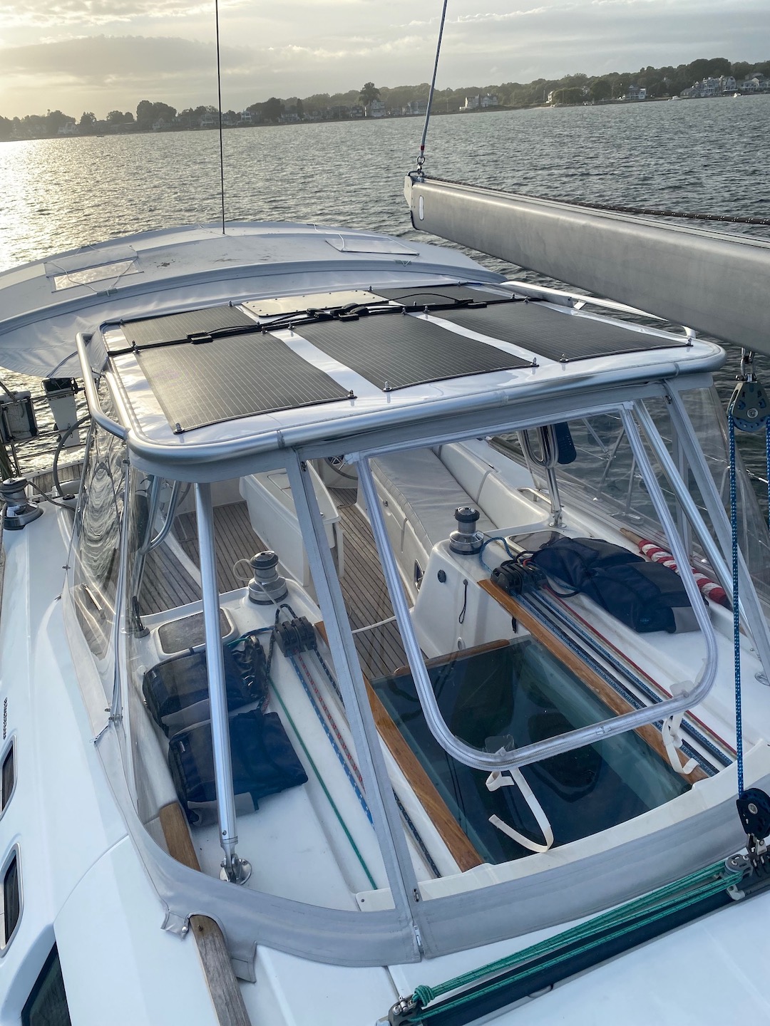 Beneteau 49 Hard Dodger with solar panels installed on the roof