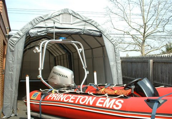 Four point arch installed on rigid inflatable for public-safety style layout