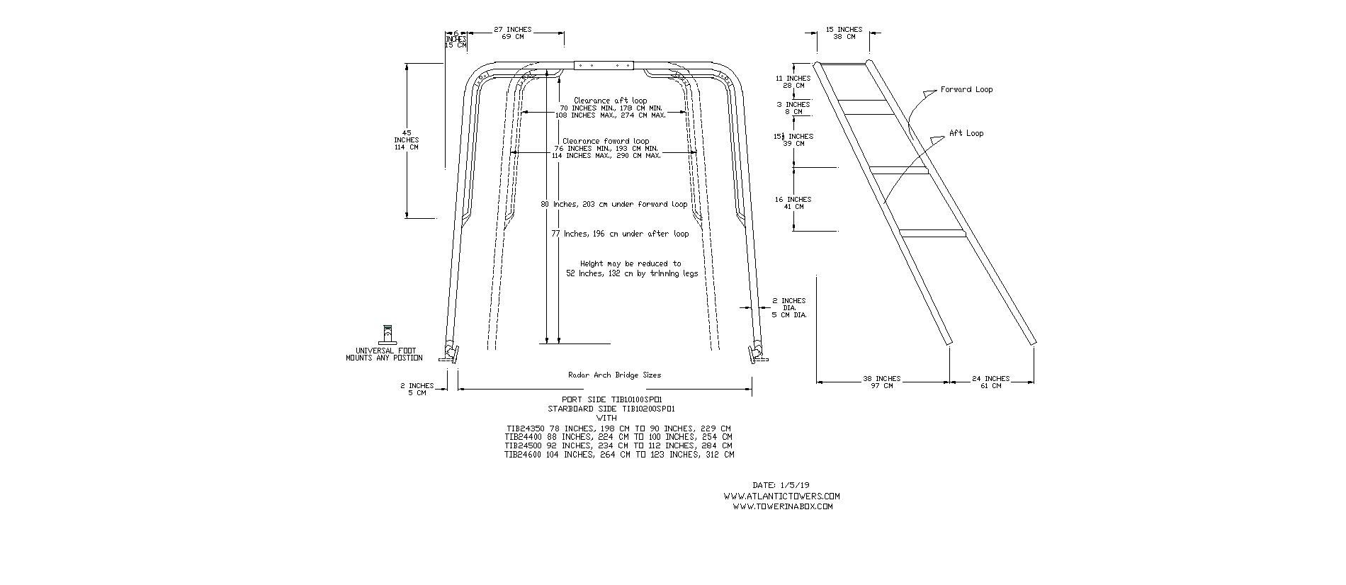 Radar arch adjustment range technical drawing