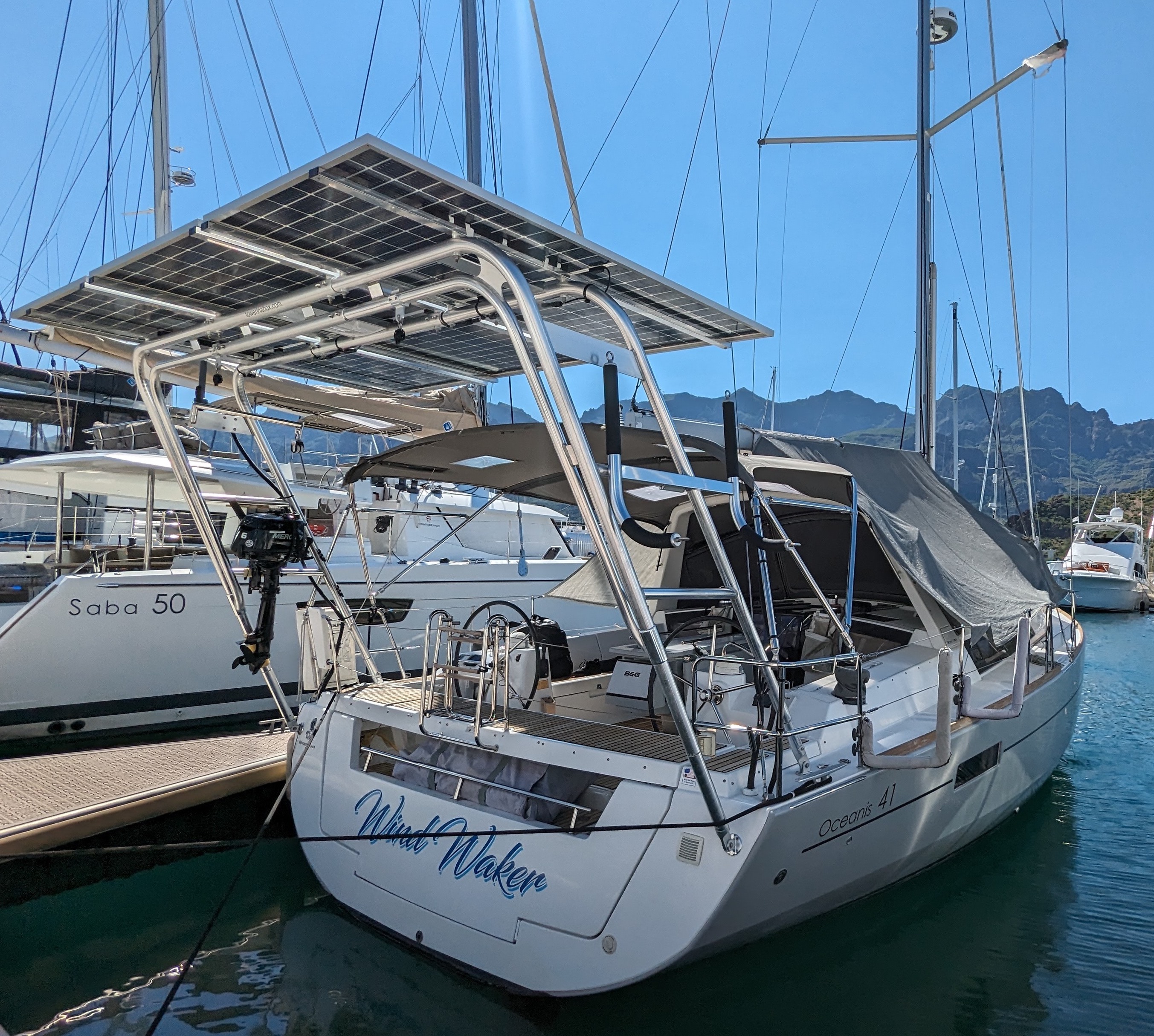 Beneteau Oceanis 41 Super Sail Arch with solar panels and a tender