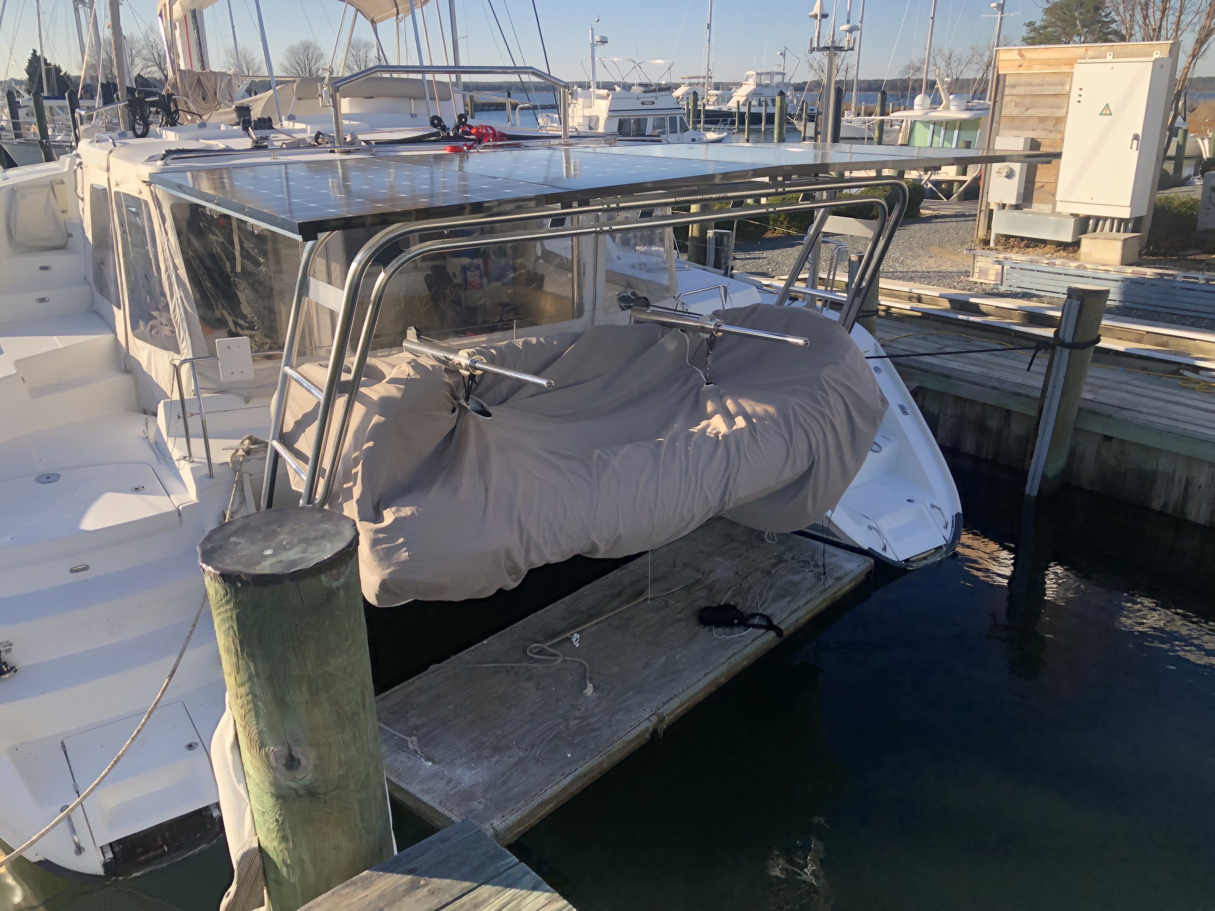 Lagoon 440 catamaran with a Super Sail Arch and solar panels