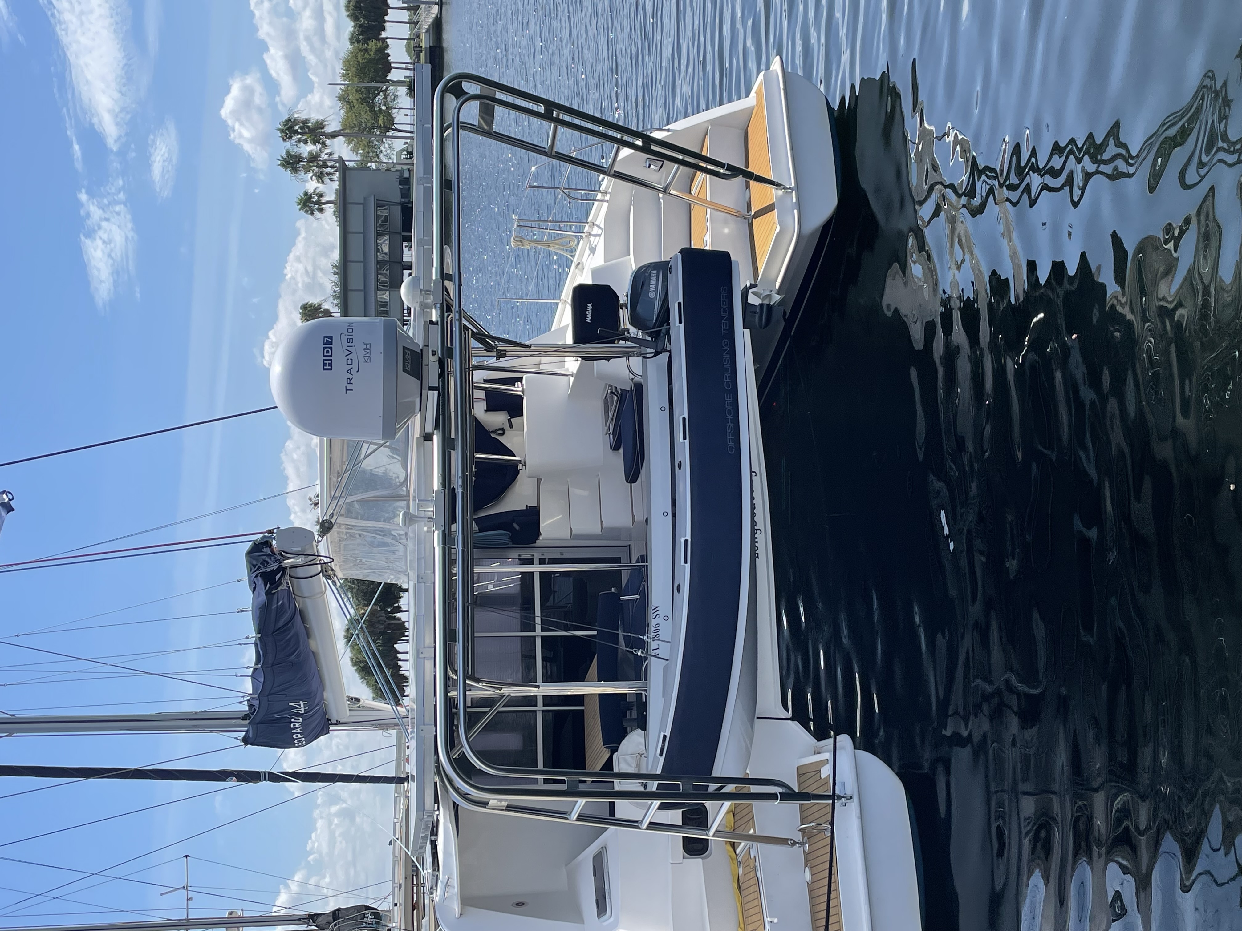 Leopard 440 catamaran with a Super Sail Arch and dinghy davits